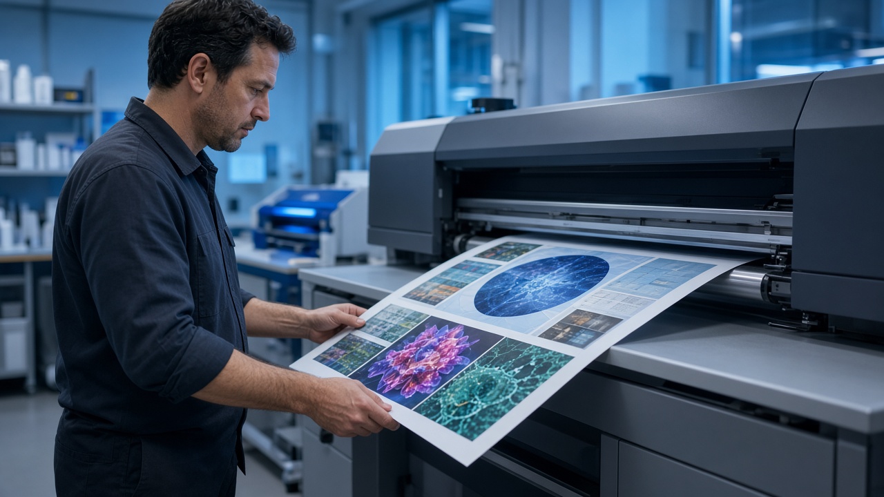 A technician printing a poster on a large-format plotter.